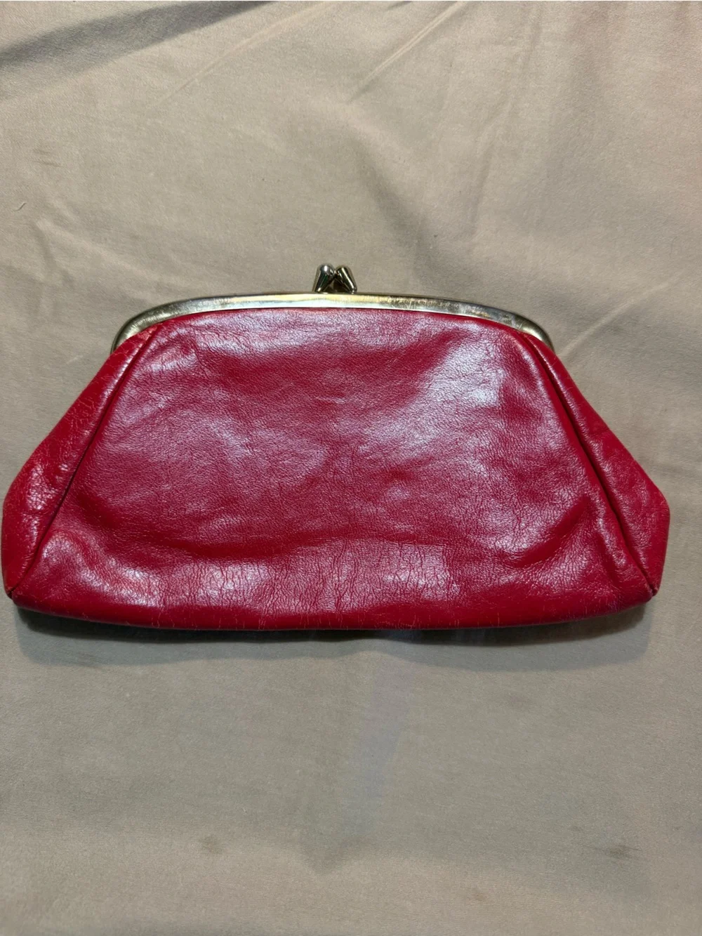 Vintage Red Leather Kiss-Lock Clutch With Chain